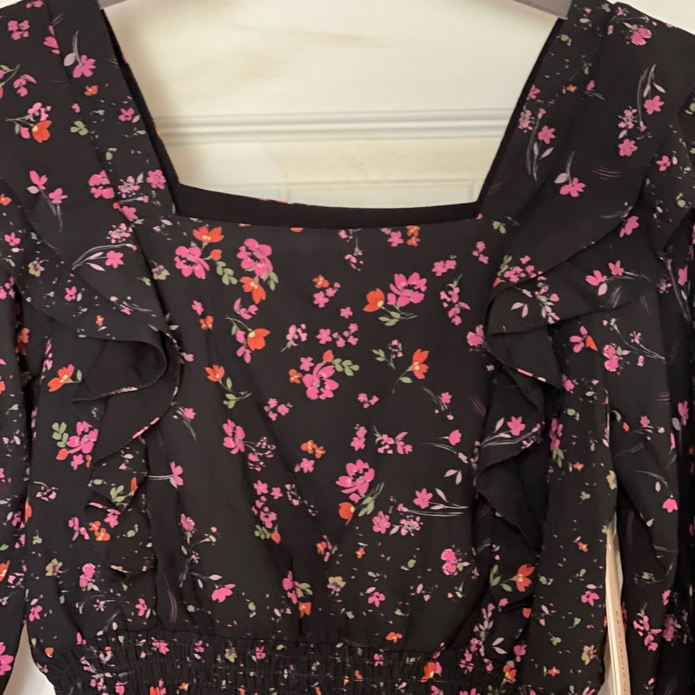 Bloomingdale's Black Floral Blouse with Ruffles - Picture 2 of 5